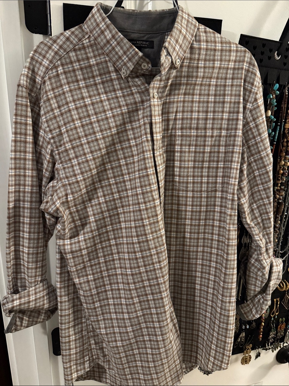 Banana Republic Men's Brown and Cream Plaid Flannel Shirt